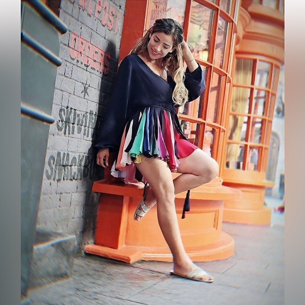 L’ATISTE Rainbow Pleated Mini Dress Size M NWT Colorblock Skater Dress - Picture 9 of 10